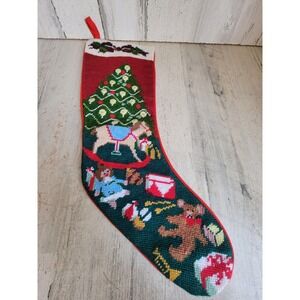 Vintage needlepoint Xmas tree stocking rocking horse toy home decor